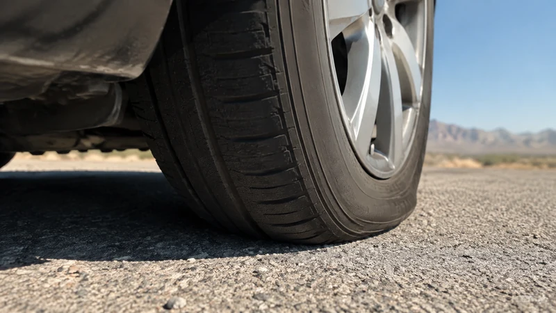 Close-up of an underinflated tire sidewall flexing under load on a hot summer road — the real blowout risk