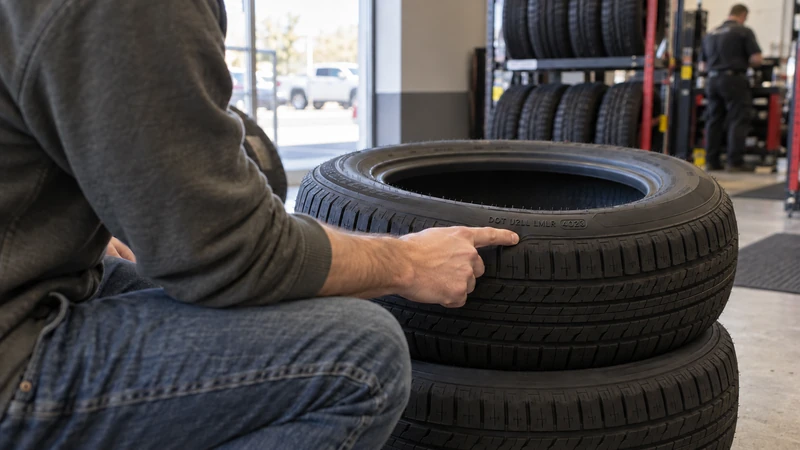 A buyer crouching to read the DOT date code on a new tire at a tire shop