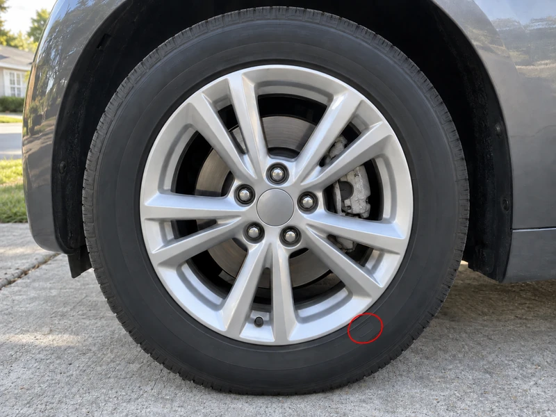 Diagram-style photo showing the DOT code location on a tire sidewall near the rim