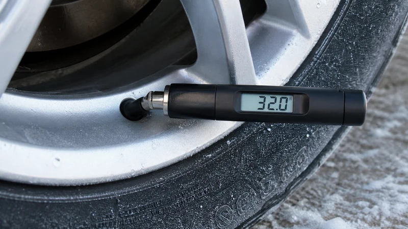 Checking tire pressure with a digital gauge on a frosty valve stem first thing on a cold morning before driving