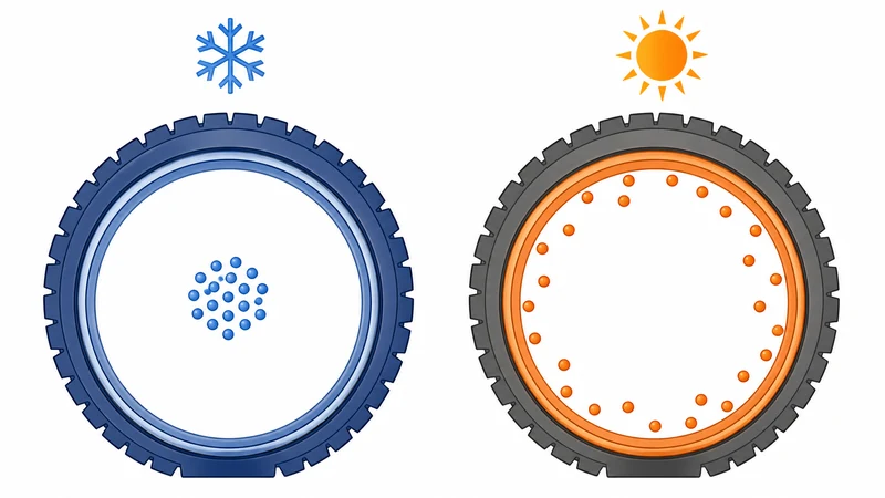 Diagram comparing air molecules inside a tire in cold weather versus warm weather — slow and contracted when cold, active and expanded when warm