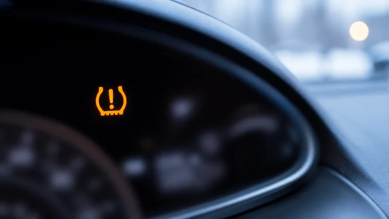 TPMS tire pressure warning light glowing amber on a car dashboard on a cold winter morning