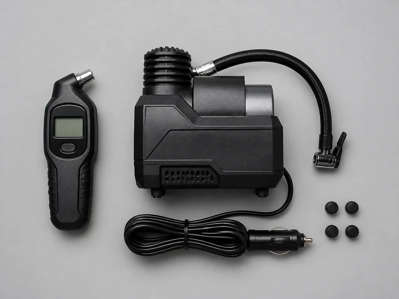Winter tire pressure kit laid out flat — digital tire pressure gauge, portable 12V inflator, and spare valve caps
