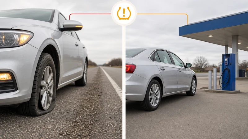 TPMS warning light decision flowchart: stop immediately if tire is flat or vehicle pulls, drive cautiously to air pump if tires look normal