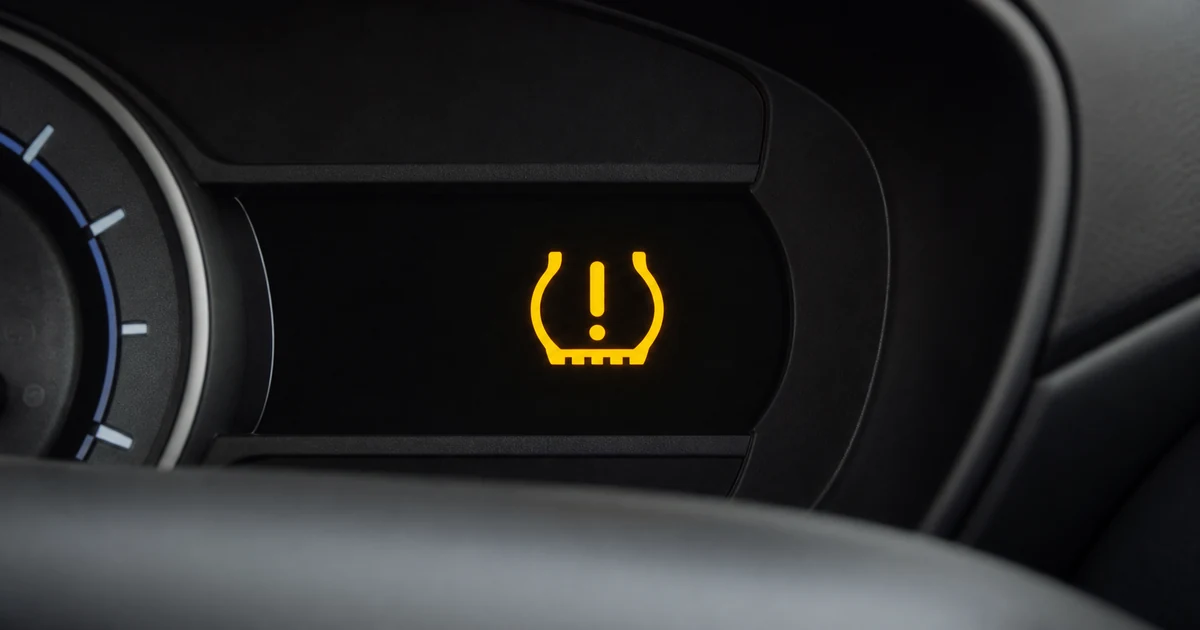 Close-up of a yellow TPMS tire pressure warning light illuminated on a car dashboard, horseshoe-shaped with exclamation mark