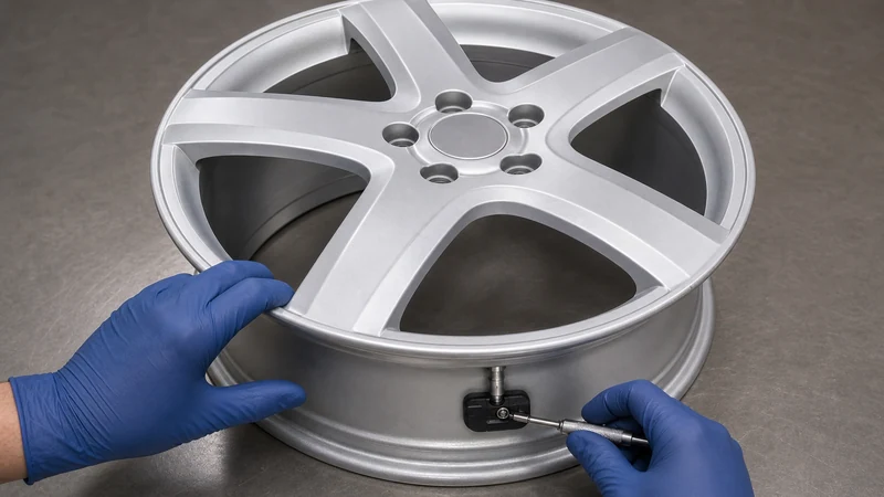 TPMS sensor mounted on a metal valve stem inside a wheel, showing the electronic pressure sensor attached to the stem base