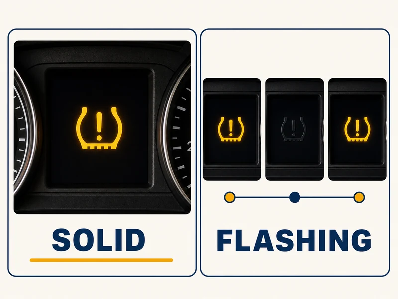 Two dashboard photos side by side: solid TPMS warning light (steady yellow horseshoe) vs flashing TPMS warning light (blinking horseshoe)