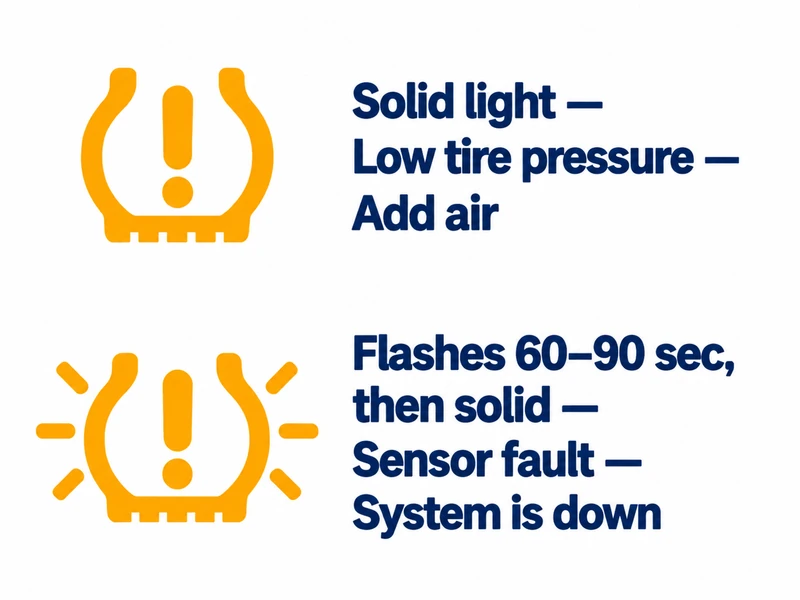 Comparison chart of solid TPMS light for low pressure versus flashing-then-solid light for a sensor fault