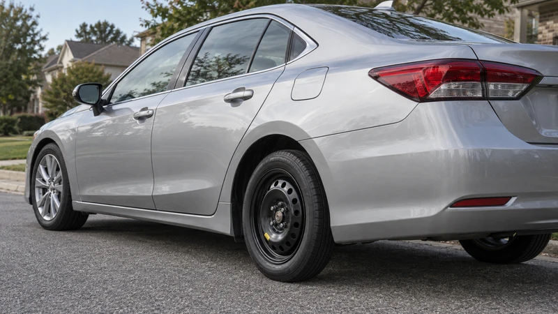 A compact spare tire mounted on a car — most spares have no TPMS sensor