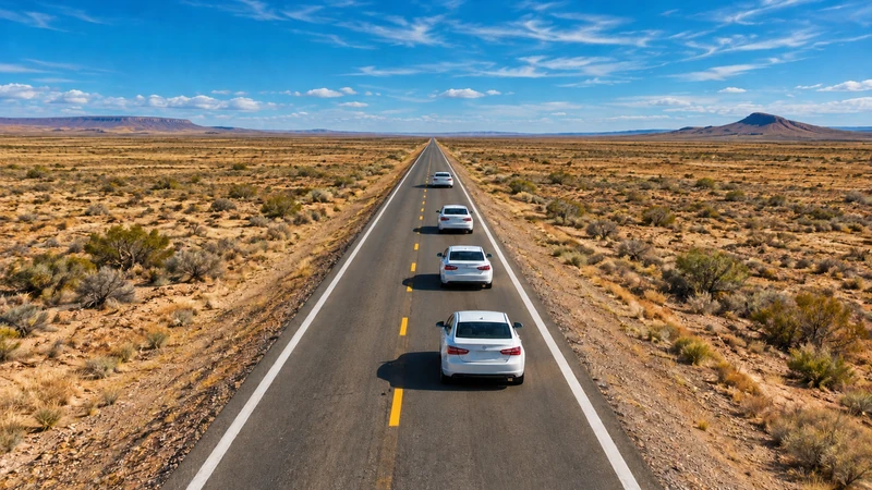 A convoy of test cars driving a highway loop in west Texas during a tire treadwear test
