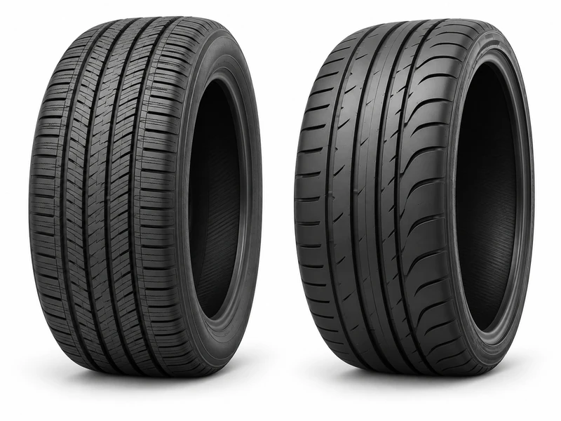 A touring all-season tire and a performance summer tire side by side on a white background