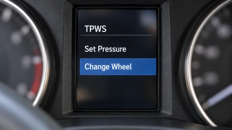Toyota dashboard multi-information display showing the TPWS Change Wheel settings menu