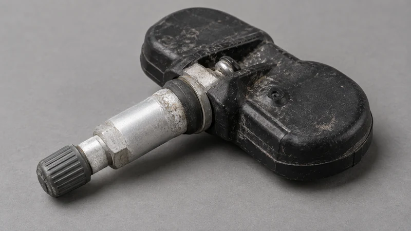 A TPMS sensor with a dead sealed battery — the most common cause of a flashing TPMS light