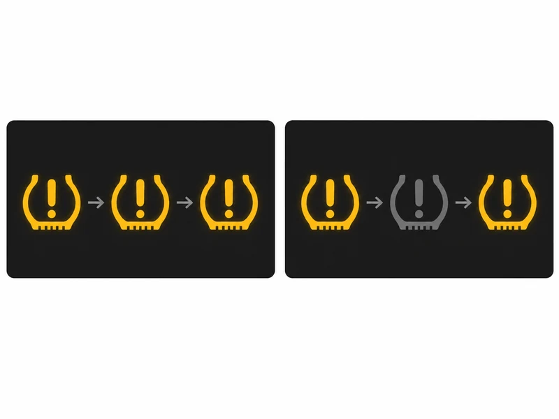 Diagram comparing a flashing TPMS warning light versus a steady TPMS warning light on a dashboard