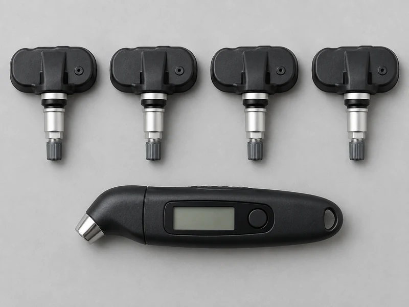 New TPMS sensors lined up next to a tire pressure gauge — the typical cost of fixing a flashing TPMS light