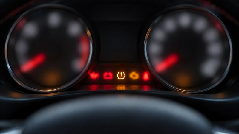 Car dashboard during ignition startup self-test with all warning lights illuminated including the TPMS light