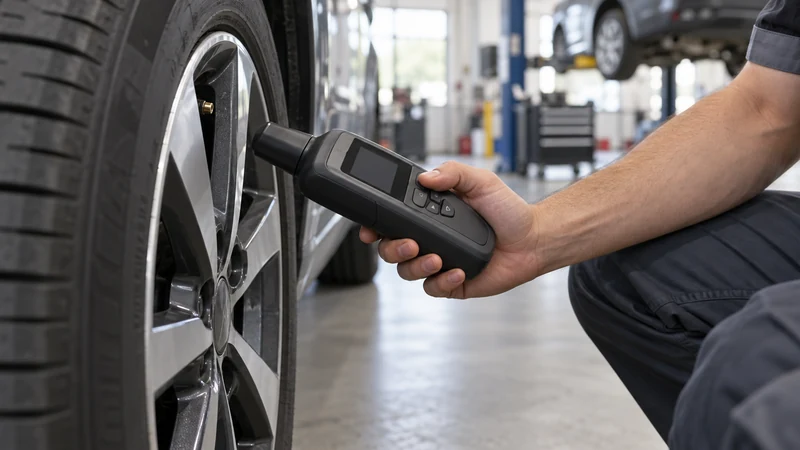 A TPMS scan tool held next to a tire valve stem reading the sensor during diagnosis
