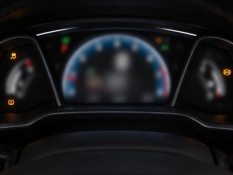 A Honda dashboard with the TPMS light and other warning lights illuminated together