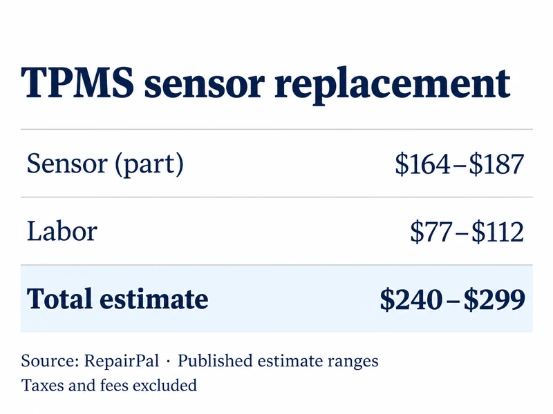 TPMS sensor replacement cost table listing the sensor part, labor, and total estimate