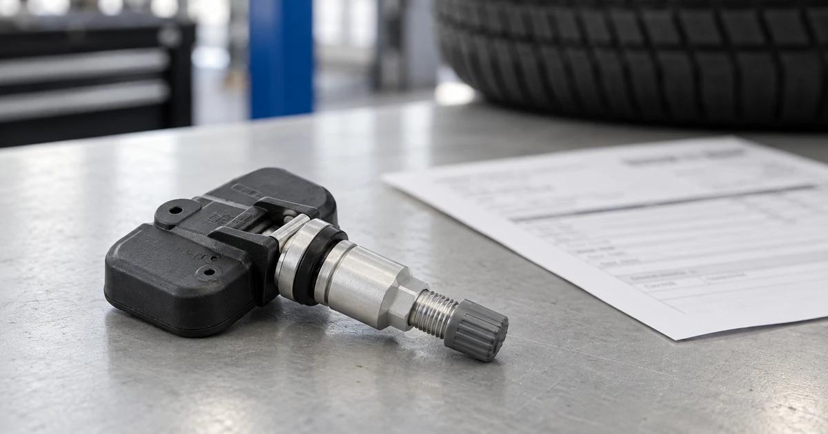 A TPMS sensor next to a tire on a shop counter with a repair invoice — the cost of TPMS sensor replacement