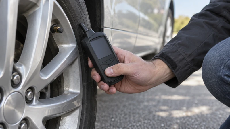 A relearn tool held near the valve stem to activate a TPMS sensor during the relearn procedure