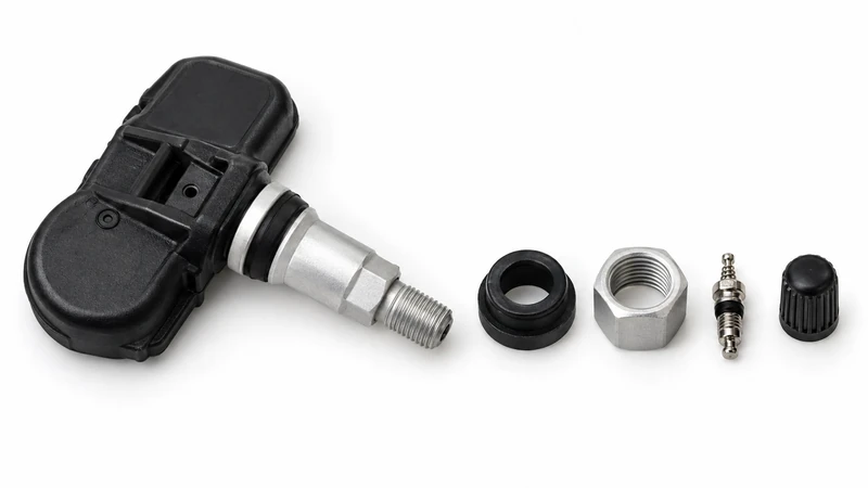 TPMS valve stem service kit parts — seals, nut, and cap — replaced together with the sensor