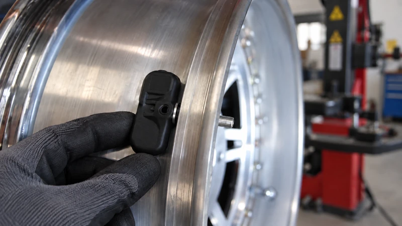 Technician installing a TPMS sensor while a tire is already dismounted on a tire machine