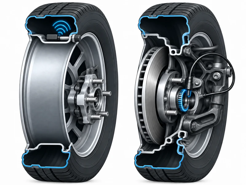 Diagram comparing direct TPMS with in-wheel pressure sensors versus indirect TPMS using ABS wheel speed sensors