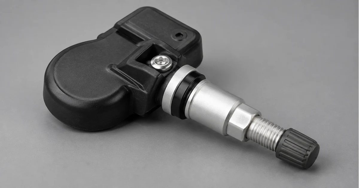 A TPMS sensor with its metal valve stem, the small radio transmitter that monitors tire pressure inside each wheel