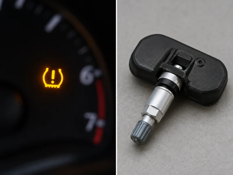 Dashboard TPMS warning light and a TPMS sensor side by side — the light is the messenger, the sensor is the hardware