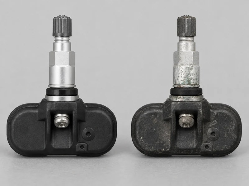 Comparison of a new TPMS sensor versus an aged TPMS sensor with visible corrosion on the valve stem and grime on the housing