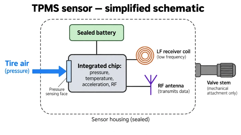 Simplified TPMS sensor schematic showing the sealed battery, integrated sensing chip, LF receiver coil, RF antenna, and valve stem
