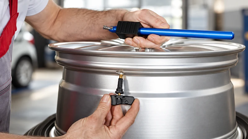 A new TPMS sensor being installed on a wheel during a tire change — the cheapest time to replace sensors