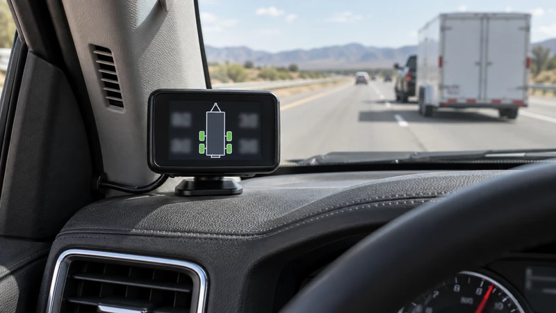 A dedicated trailer TPMS display mounted low near the truck's A-pillar, with a four-position trailer tire diagram