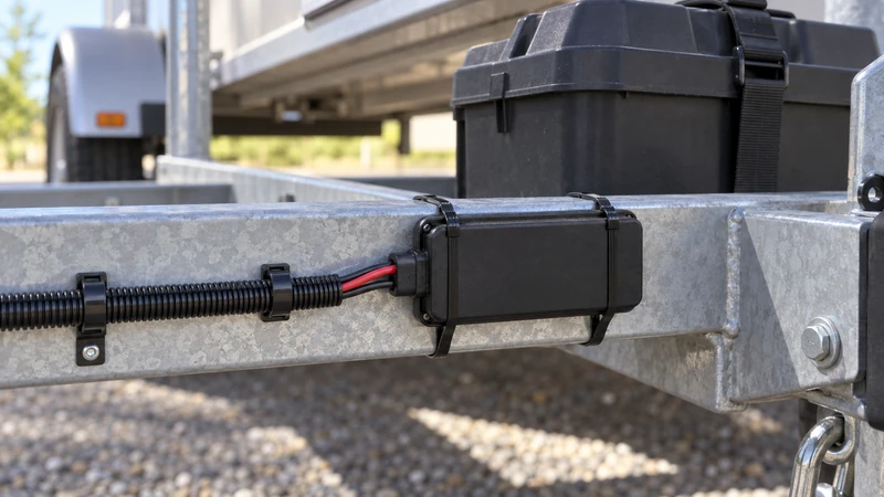 A TPMS signal repeater secured near the front of a trailer frame, with protected power wiring routed toward the battery