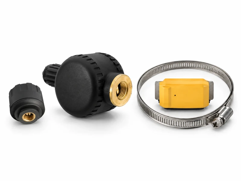 Three trailer TPMS sensor types: a cap sensor, a flow-through sensor, and an internal band-mounted TPMS sensor