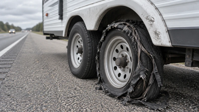 A shredded tire on a travel trailer parked on a highway shoulder, with torn tread and exposed cords around the wheel