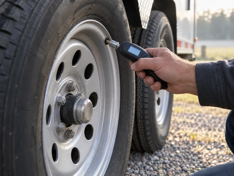 Checking cold trailer tire pressure with a tire pressure gauge attached to the valve stem before towing