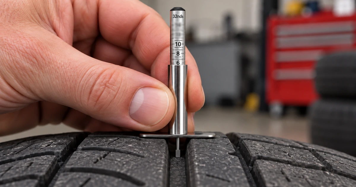 A tire tread depth gauge measuring the groove of a car tire, showing the reading used to look up the tread depth chart
