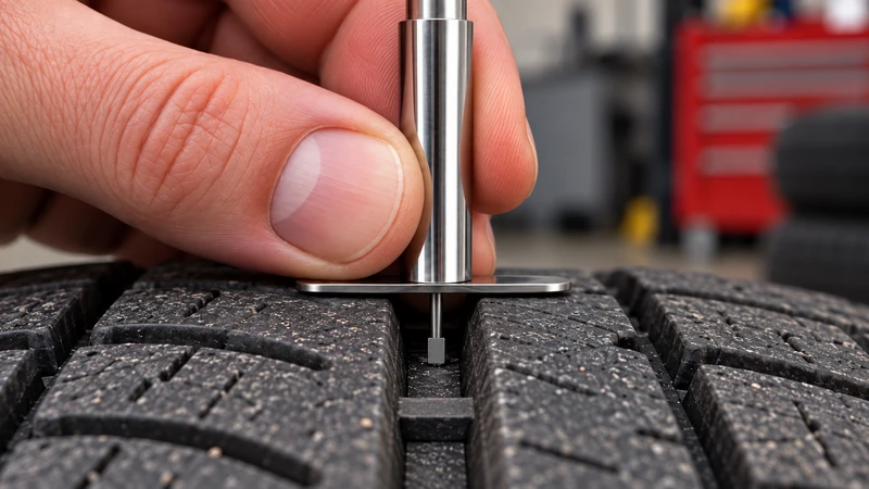 A tread depth gauge measuring the center main groove of a tire, positioned away from the raised wear bars between tread blocks