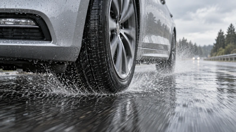 A car tire spraying water while braking hard on a rain-soaked road, illustrating why tread depth matters in the wet