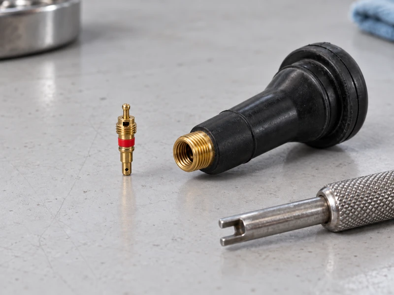 A valve core removed and held beside the stem it screws into, showing the two parts separately