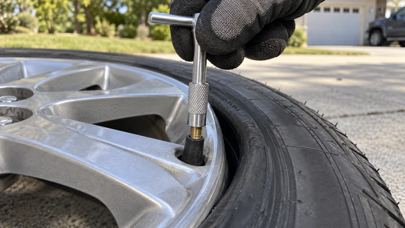 A valve stem puller tool threaded onto a valve stem during DIY replacement