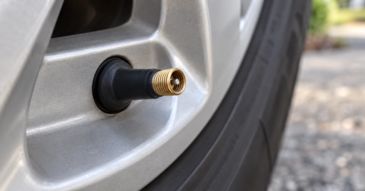 Close-up of a rubber tire valve stem on a silver wheel with the cap removed