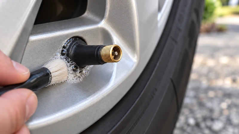 Soapy water brushed over a valve stem producing bubbles at the leak point