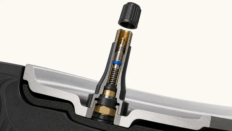Cutaway diagram of tire valve stem anatomy showing the stem body, valve core with spring-loaded pin, and screw-on cap