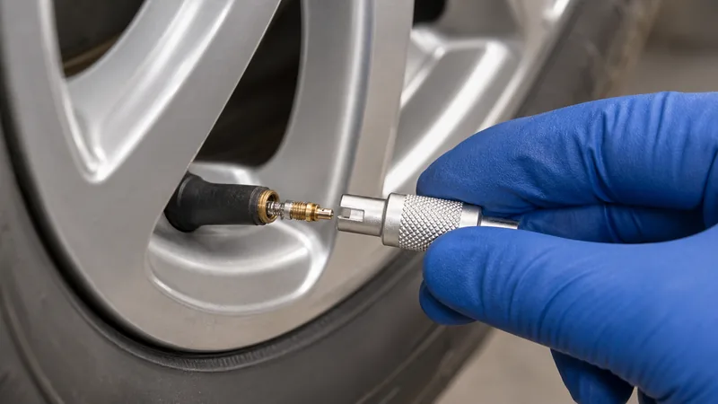 Valve core tool unscrewing the valve core from a tire valve stem to replace it