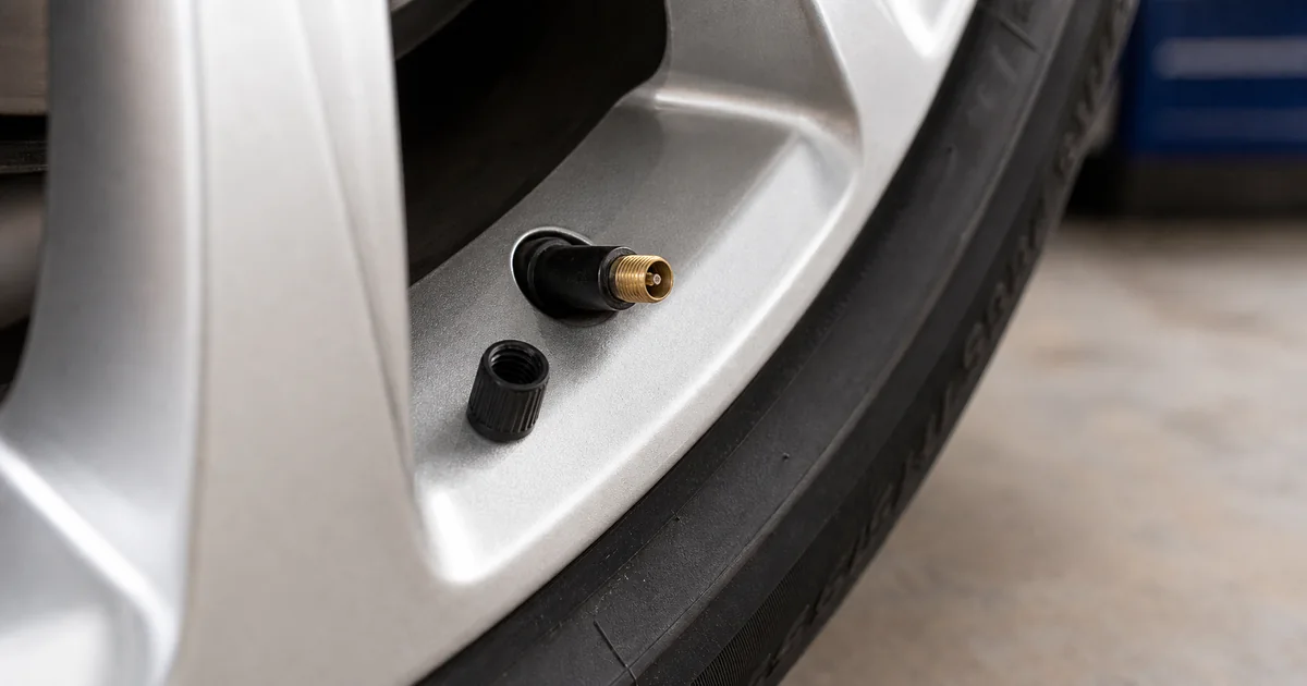 Close-up of a rubber Schrader valve stem on a car wheel rim, with the plastic cap removed to show the pin