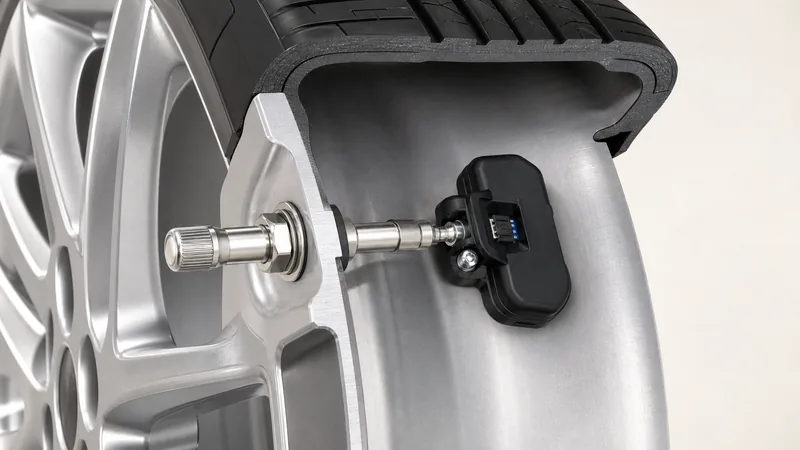 Close-up of a TPMS-integrated valve stem showing the metal body and electronic pressure sensor built into the stem