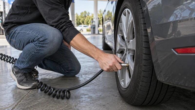 Inflating a tire at a gas station air pump up to the door jamb PSI after a TPMS warning